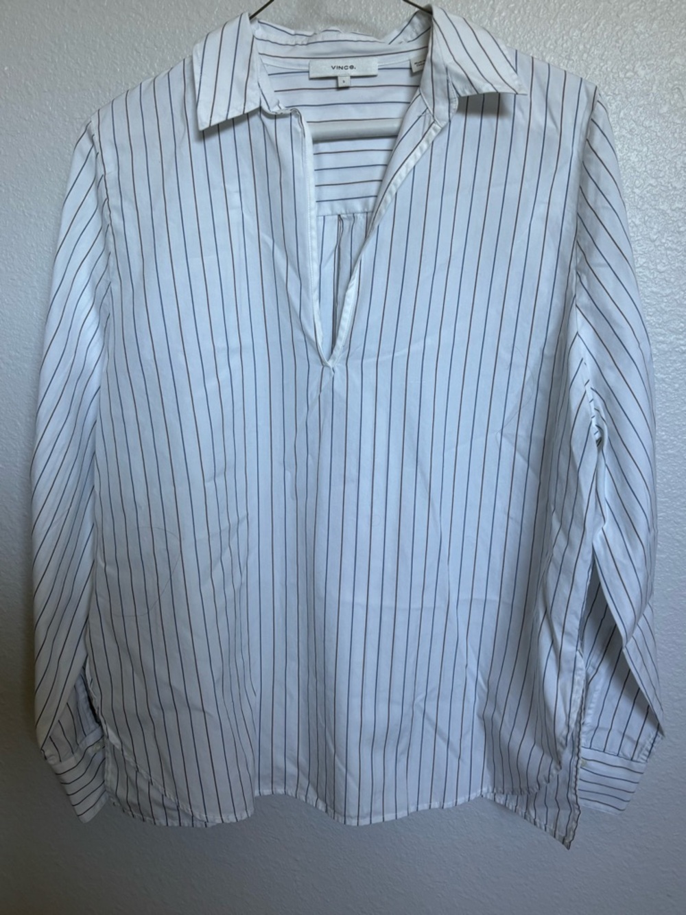 Vince White Shirt with Thin Navy Pinstripes
